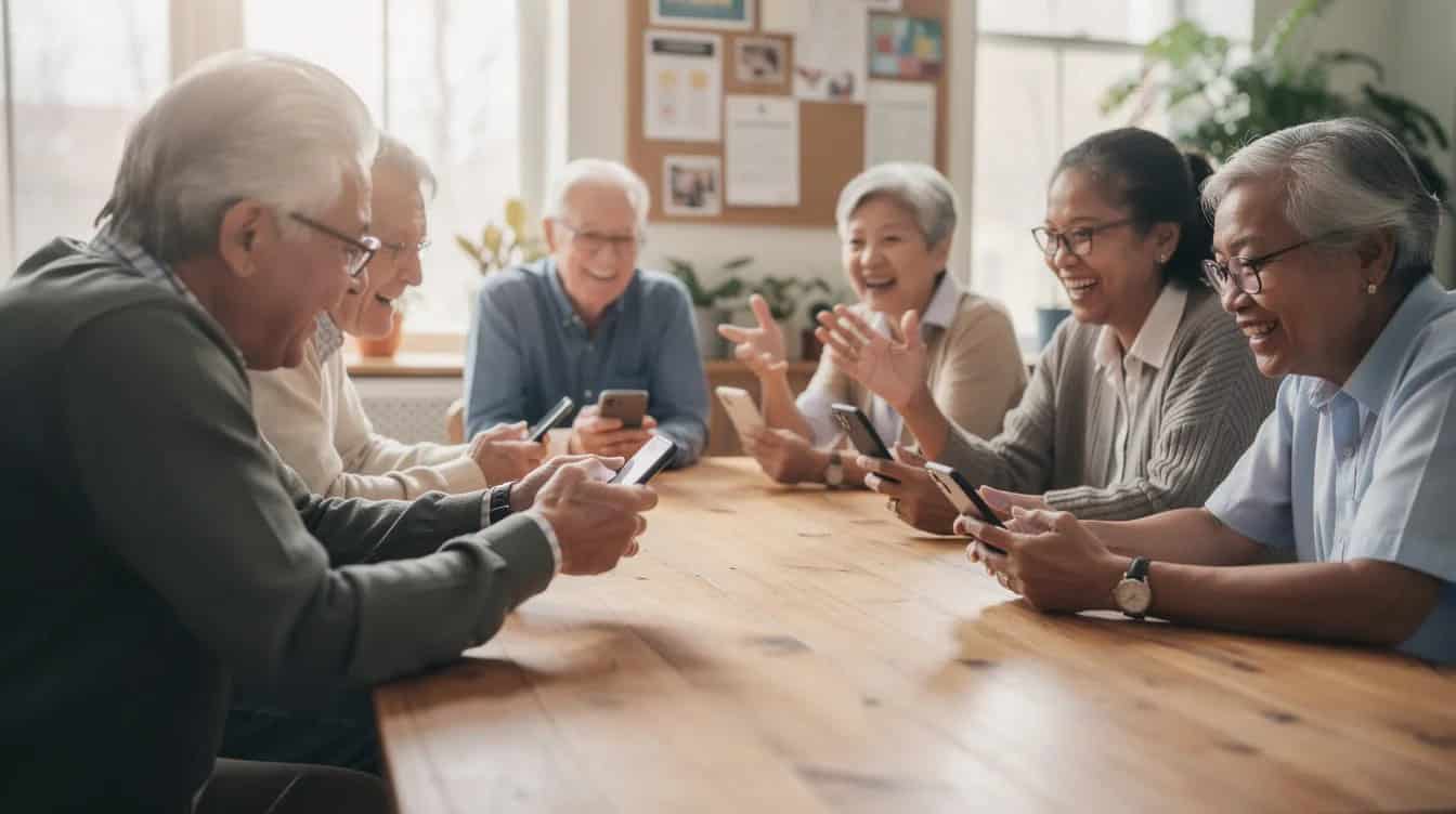 A diverse group of people gathers around a community table, each engaged in conversation while holding their smartphones.
