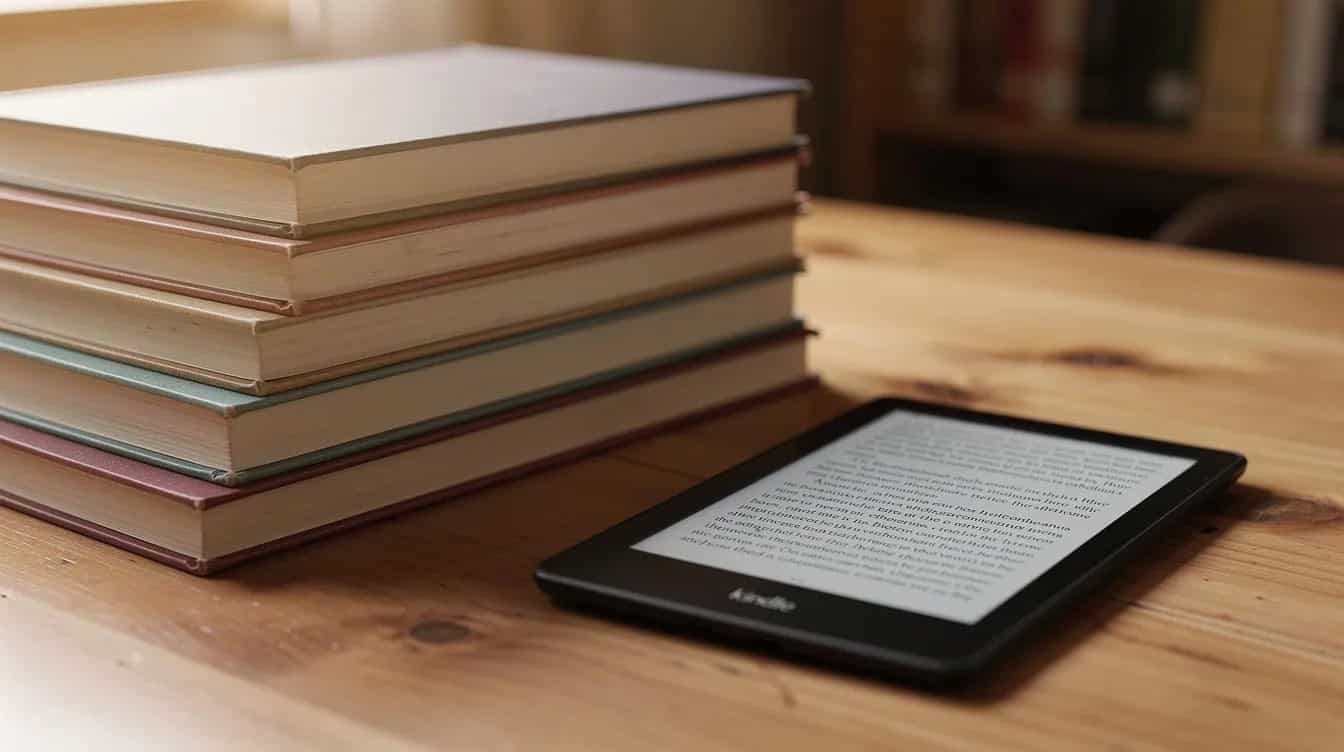 The image shows a stack of printed books alongside a Kindle e-reader on a wooden table, illustrating the contrast between traditional publishing and digital formats. This setup highlights the options available for readers and writers, from print books to Kindle Unlimited and self-publishing opportunities.