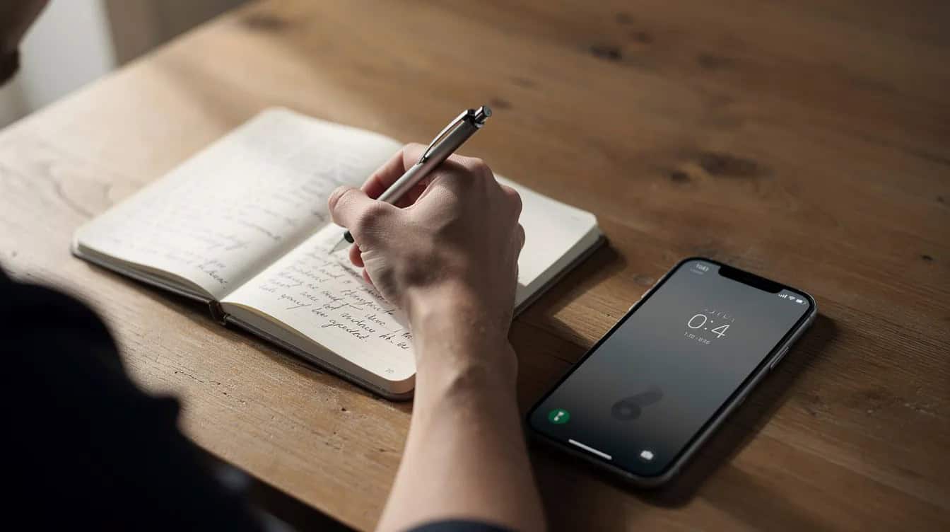 A person is writing notes in a small notebook on a wooden desk, with a smartphone nearby, possibly for tracking insights or audience demographics. The scene suggests a blend of creativity and analysis, ideal for a content creator looking to enhance their professional account.