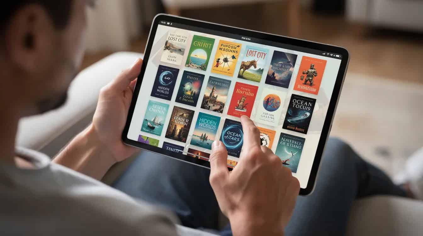 A person is scrolling through a tablet screen displaying various book cover thumbnails, exploring options for self-publishing their work on platforms like Kindle Direct Publishing and Apple Books. The vibrant covers represent multiple genres, inviting readers to discover new stories and engage with the content.