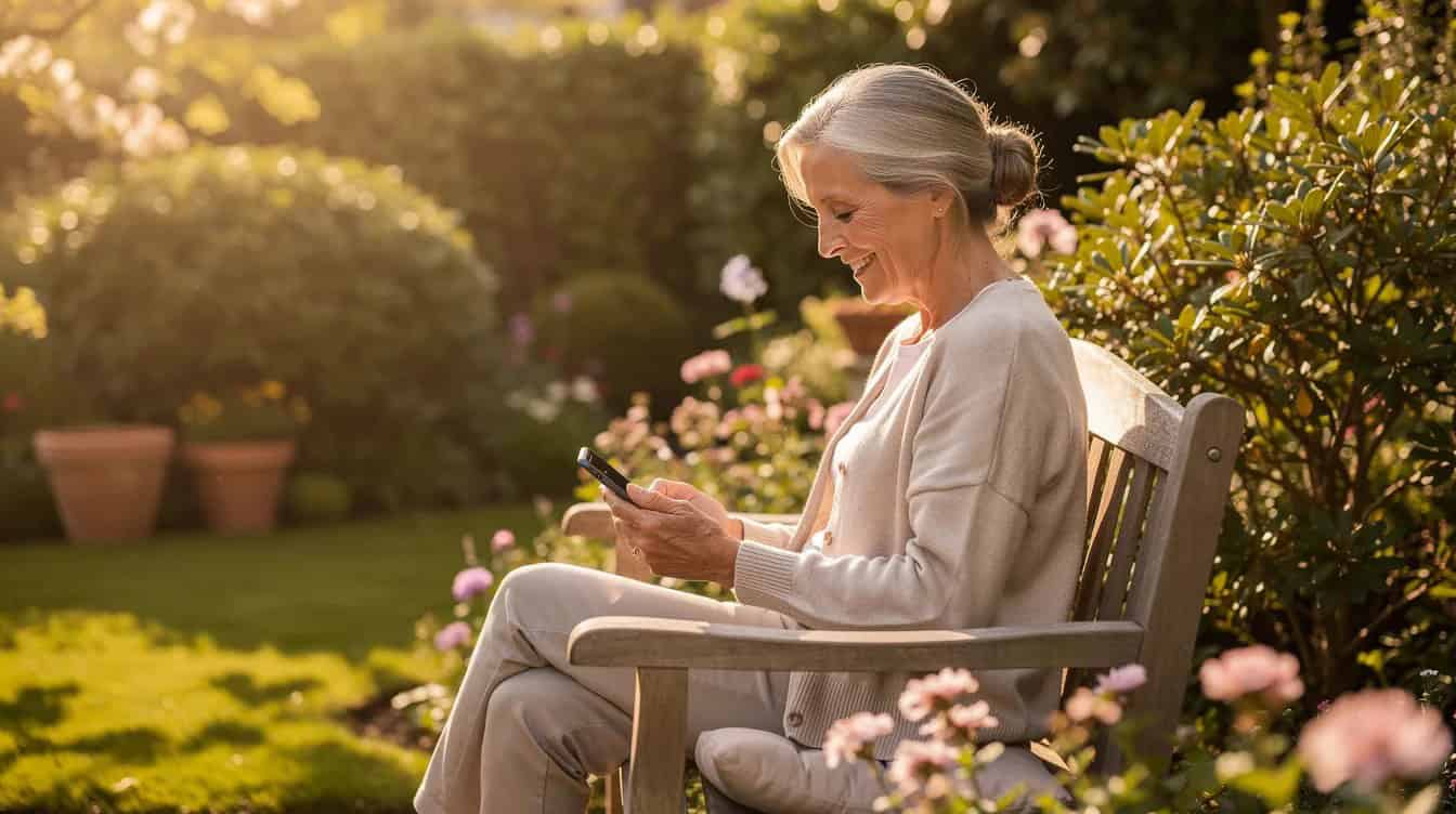 A woman is sitting in a sunny garden, smiling as she engages with her smartphone, possibly checking her Instagram insights.