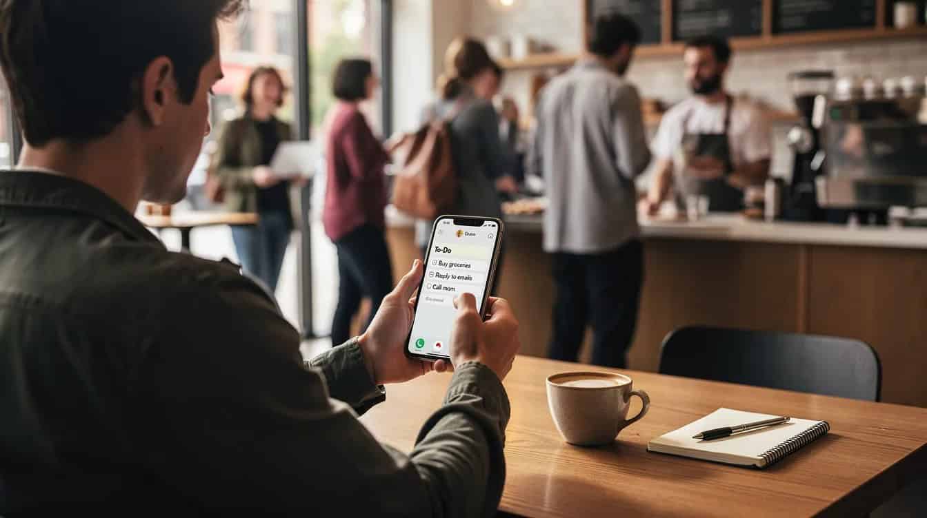 A person sits in a bustling coffee shop, focused on their phone's notes app, possibly outlining a small business idea or detailed business plan.