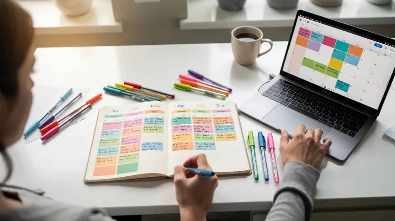 A person is seated at a kitchen table, surrounded by a notebook and a laptop, as they map out a weekly schedule using colorful time blocks.