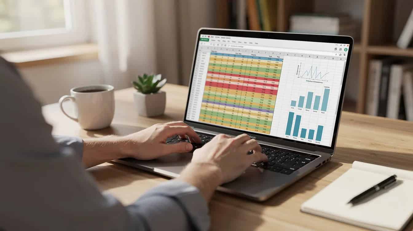 A pair of hands is typing on a laptop keyboard, with a spreadsheet open on the screen, in a well-lit home office environment. This scene reflects the daily operations of small business owners as they work on their business plans and conduct market research to develop successful small business ideas.