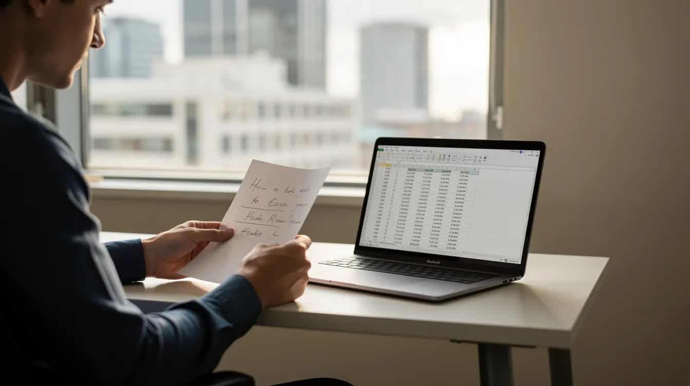 A person is seated at a small desk, reviewing handwritten notes while a laptop displays a simple spreadsheet. In the background, a window offers a view of the city, suggesting a focused environment for developing a detailed business plan or conducting market research for a successful small business idea.