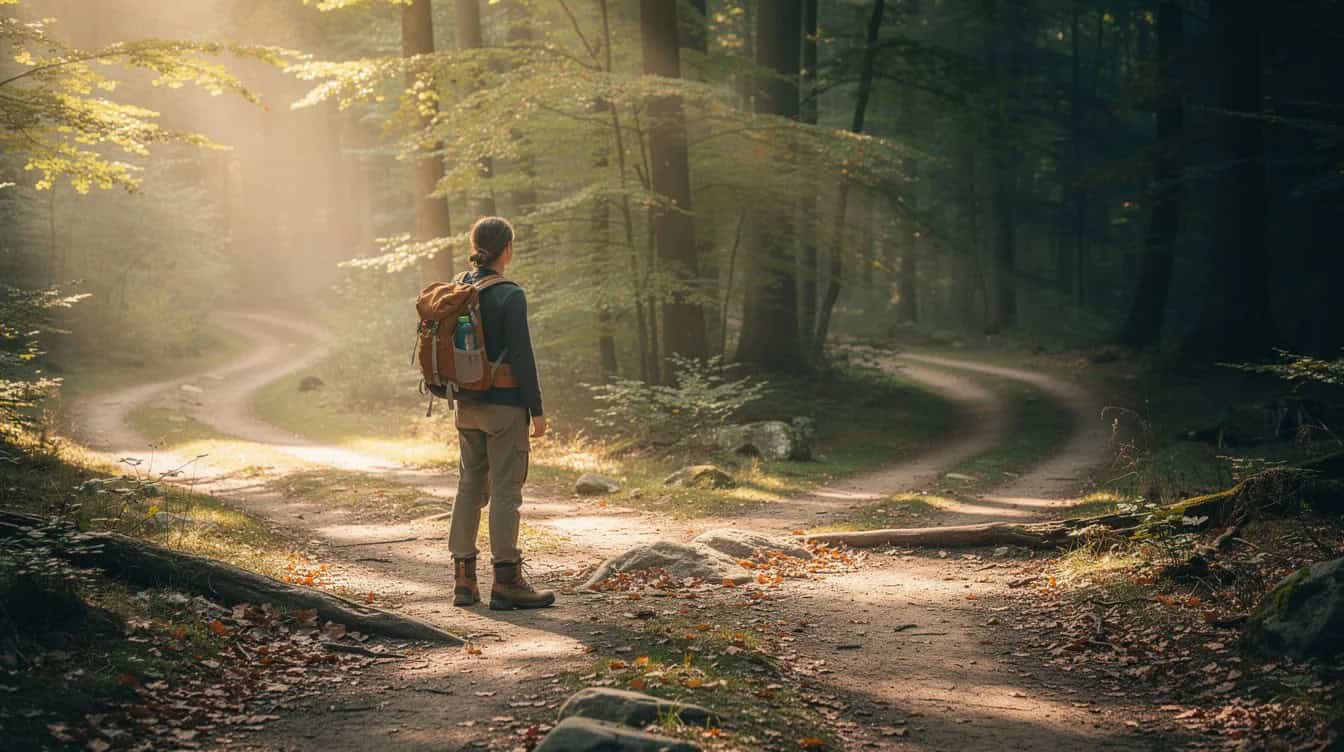 A person stands at a crossroads on a hiking trail, contemplating two diverging paths through a lush forest, symbolizing the decision-making process often faced by small business owners when choosing a business model or strategy for their venture. The scene captures the essence of exploring options, much like conducting market research to identify the best small business ideas.